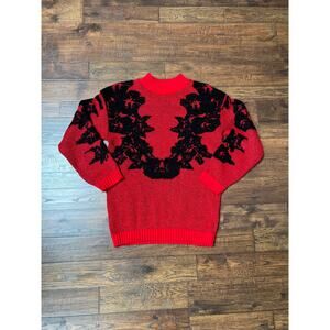 Vintage Pullover Crewneck Knit Sweater - Black Flowers on Red Glitter - Medium
